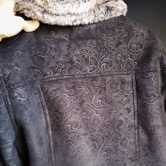 📢 FREE SHIP 📢 Tooled leather coat🔥fur-lined black Outback Trading Co. jacket - Picture 7 of 9
